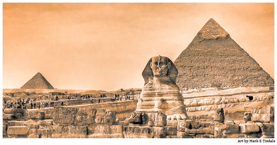 Vintage Feel Panorama showing the Sphinx and famous pyramids in Egypt