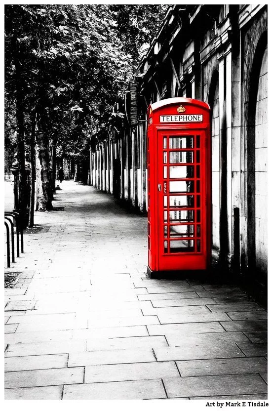 Red Phone Box Black And White Art - Print by Mark Tisdale