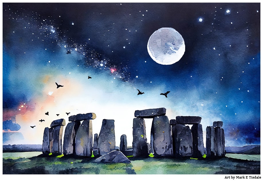 Fantasy Style Picture of Stonehenge with a dramatic moon and stars