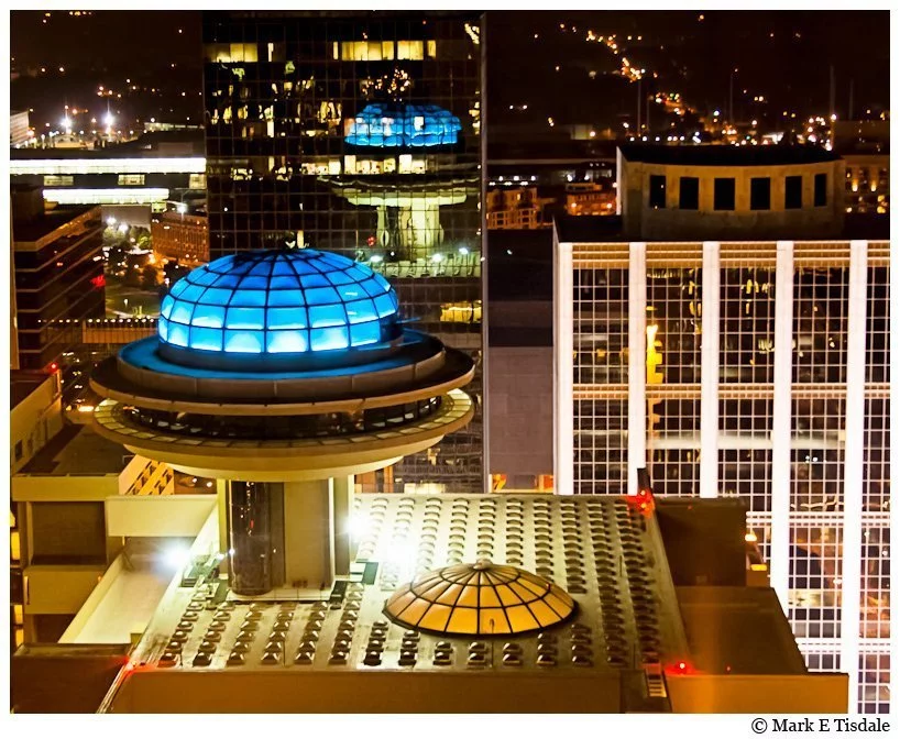 Atlanta night time photo - aerial view of the Polaris lounge atop the Hyatt in Midtown