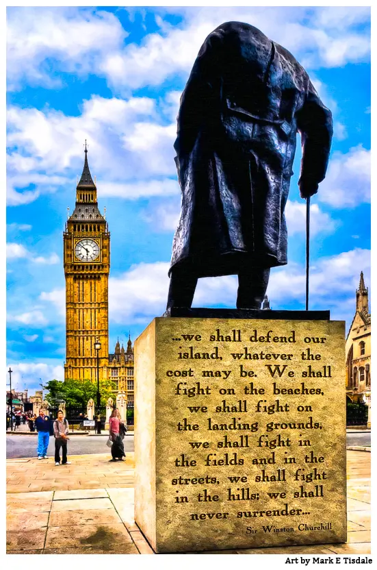 Poster featuring the famous Never Surrender speech by Sir Winston Churchill