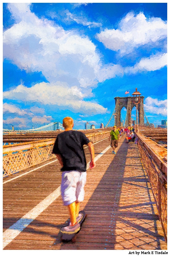 New York City Picture - textured image of a skateboarder crossing the bridge