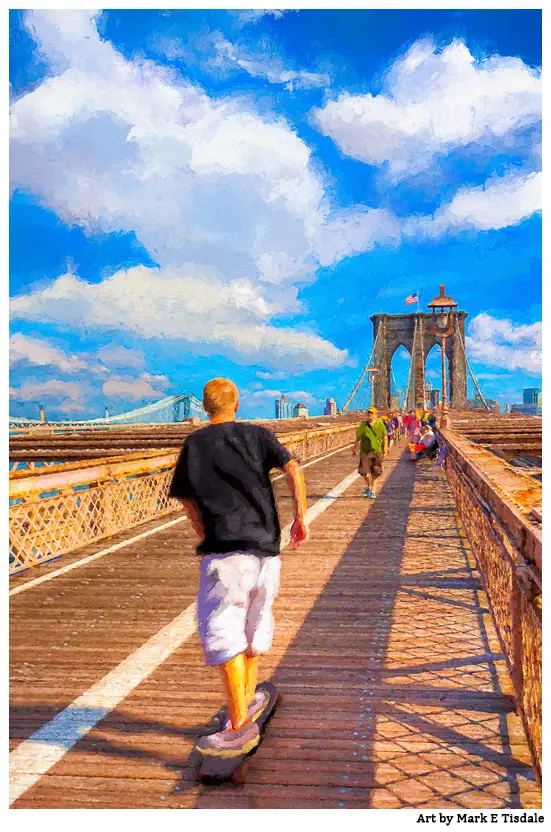 New York City Picture - textured image of a skateboarder crossing the bridge