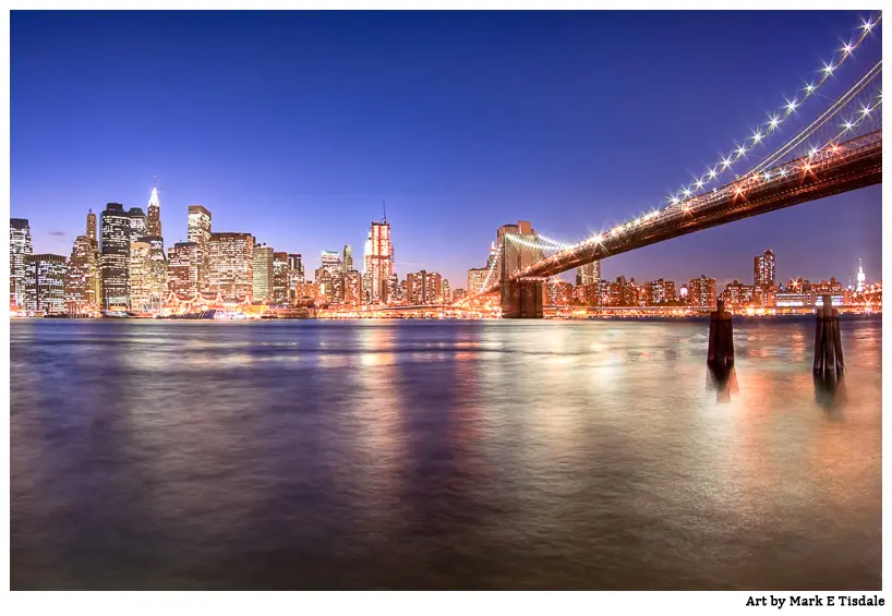 Wide Angle Photo of the beautiful Manhattan Skyline and Brooklyn Brigge - night lights