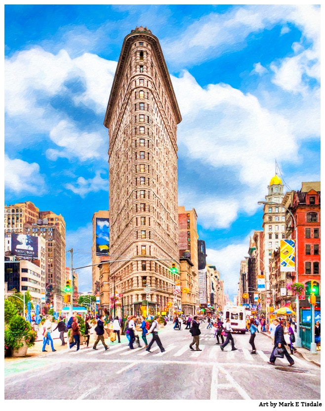 Iconic Textured Art Print of a street scene that includes the Flatiron in NYC
