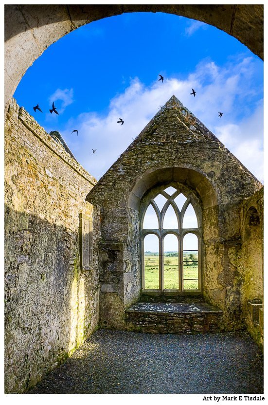 Photo of the ruins of Ross Errily Friary in county Galway with birds flying through the open roof