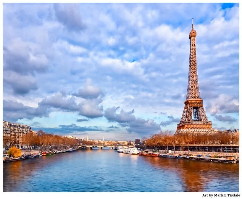 Eiffel Tower photo from a bridge crossing the Seine River Seine River view of the famous Eiffel Tower