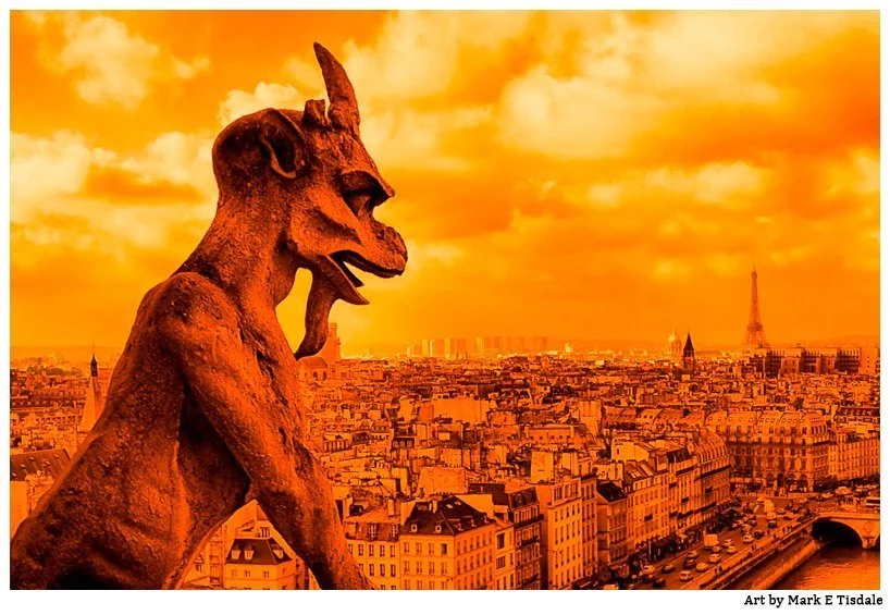 Parisian skyline featuring a close-up of one of Notre Dame's famous Gargoyles