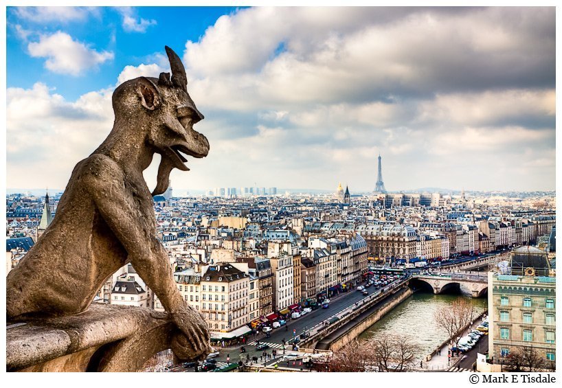 Notre Dame de Paris Gargoyle picture with Parisian Skyline and Eiffel Tower