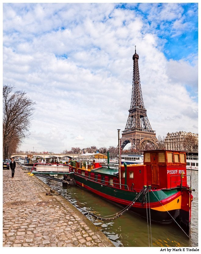 Eiffel Tower Print - Picture Viewed from the Seine Overlooking Boats