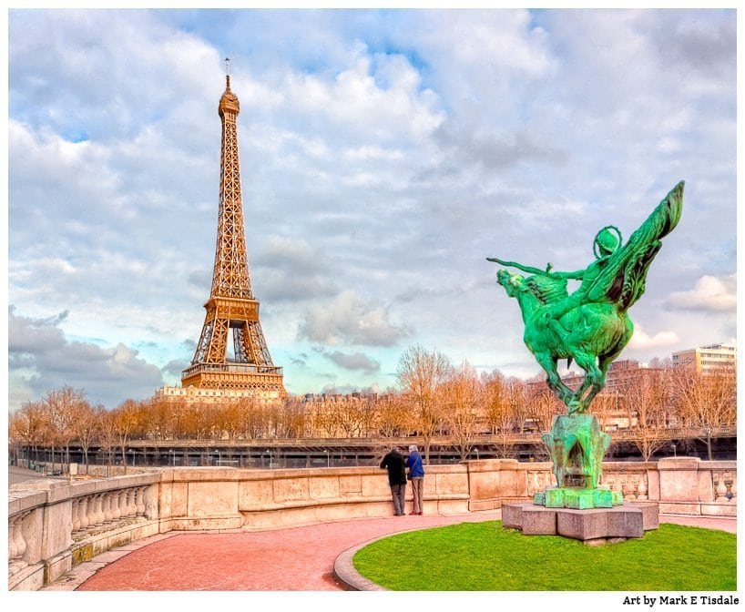 Eiffel Tower dramatic color picture with horse statue in foreground