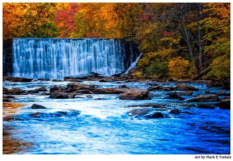 Autumn Color in this Landscape photo illustrating Vickery Creek and the falls in Roswell Georgia