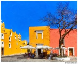 Art Print of a Colorful Plaza in Puebla Mexico