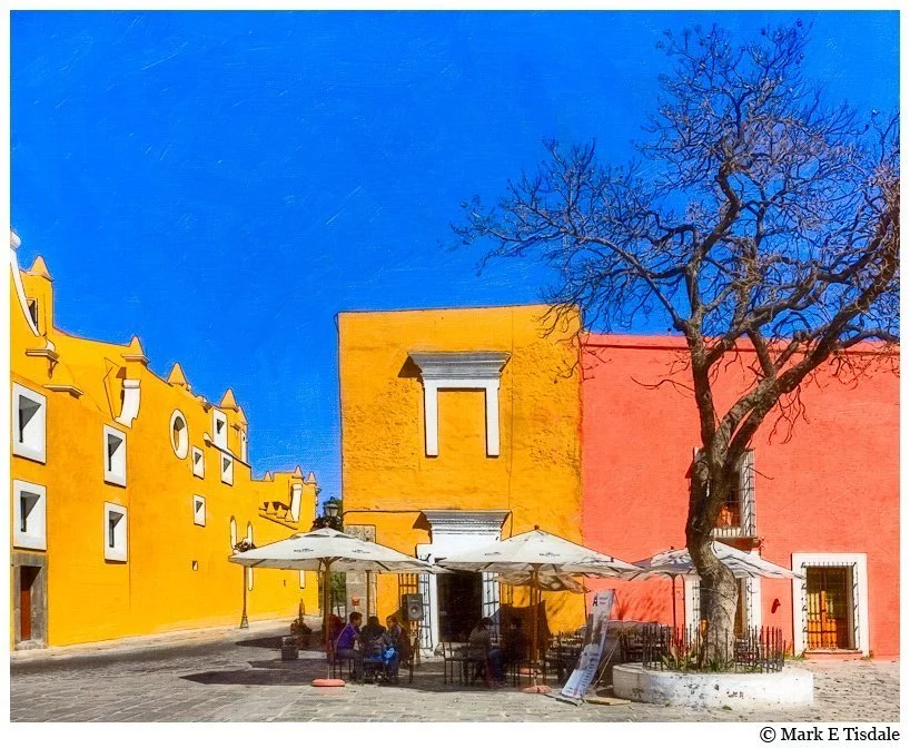 Art Print of a Colorful Plaza in Puebla Mexico