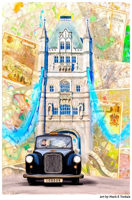 Art print of a Classic London Black Cab and Tower Bridge