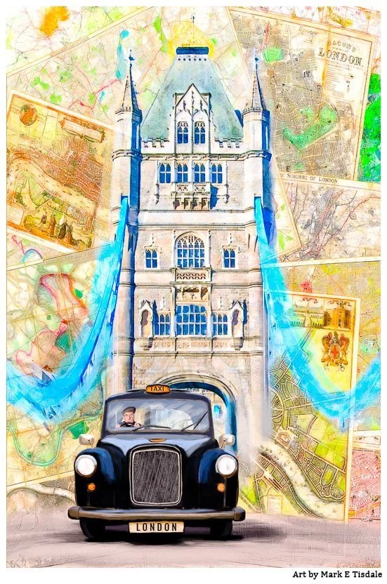 Art print of a Classic London Black Cab and Tower Bridge