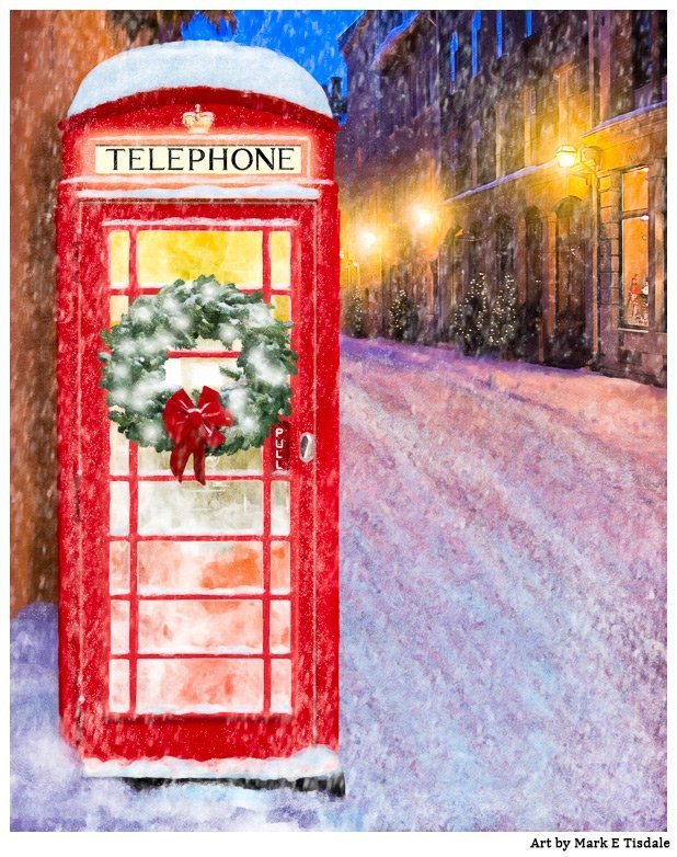 British Christmas Card Art - Red Phone Box In THe Snow