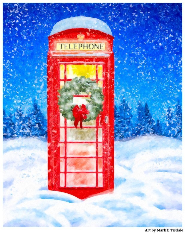 British Christmas Card - Snow Landscape with Red Phone Box