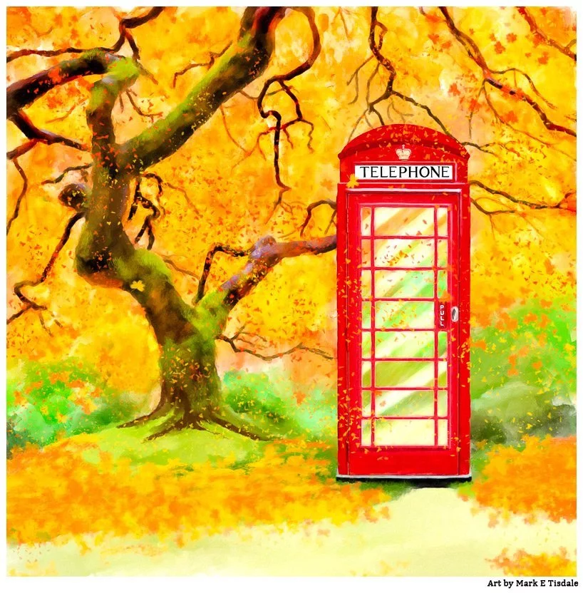 Red Phone Box And Autumn Leaves - Fall Print by Mark Tisdale