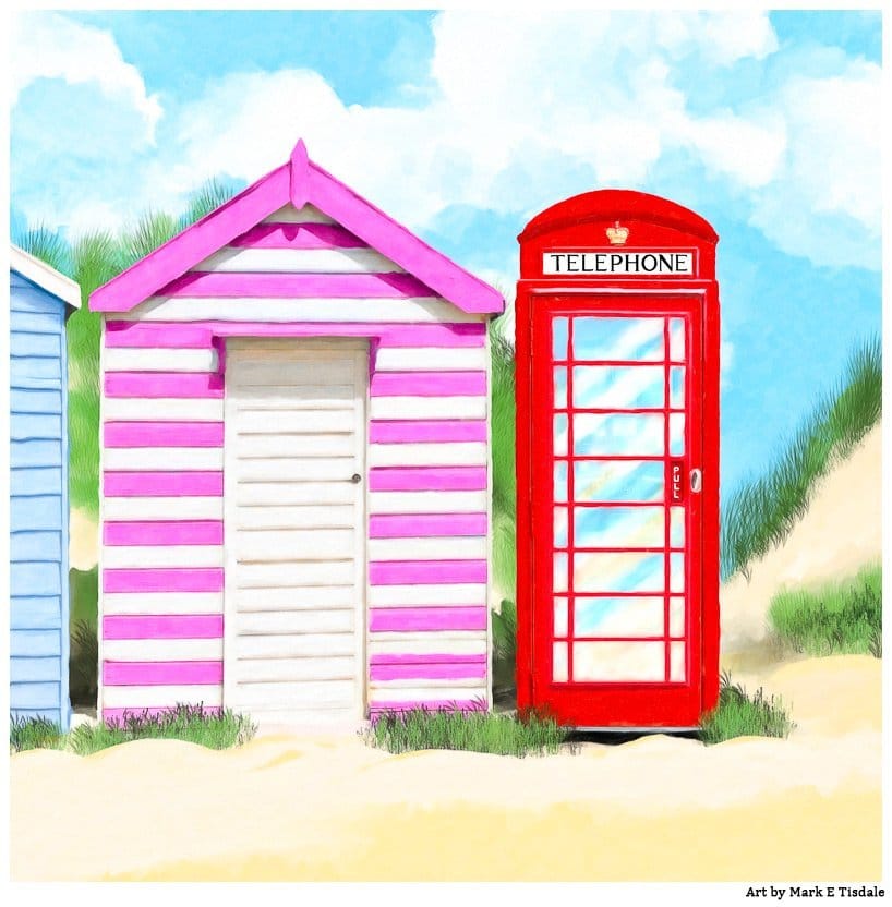 Red Phone Box And Summer Beach Hut - British Summer by Mark Tisdale