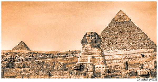 Mysterious Sphinx on the Giza Plateau In Front of the Pyramids - Vintage Panorama Print by Mark Tisdale