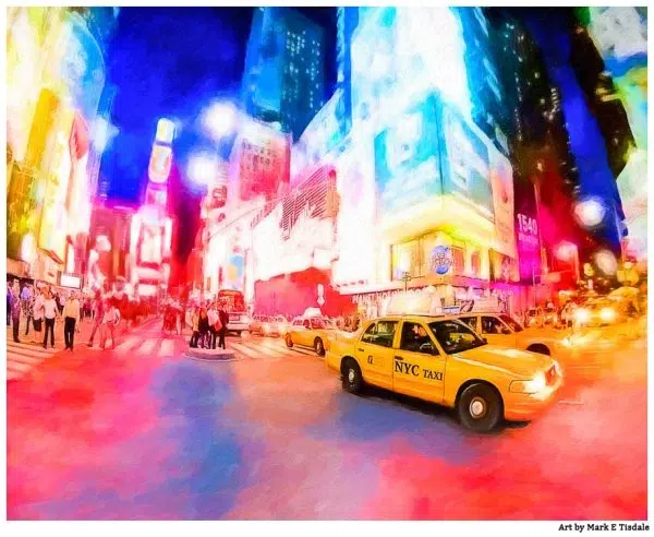 Times Square At Night Art Print - New York Taxi Cab Art by Mark Tisdale