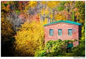 Fall landscape at the Historic Roswell Mill - Georgia Print by Mark Tisdale