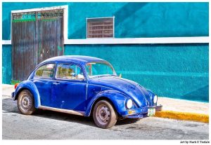 Colorful Mexico Classic Blue Volkswagen Beetle Print by Mark Tisdale -
