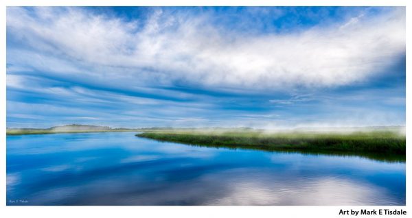 Dusk Blue Skies Over a Misty Moon River Near Savannah Georgia - Moon River Panorama Print by Mark Tisdale