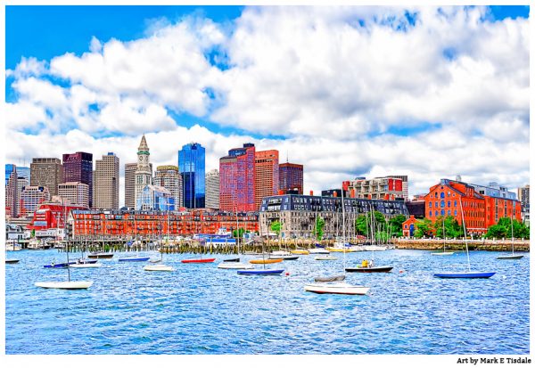 Boats and the skyline of Boston Harbor Print by Mark Tisdale - A Beautiful Afternoon in Boston