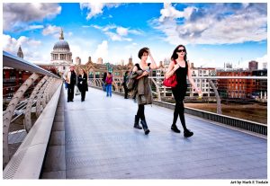 Candid scene of women on the Millennium bridge against the London Skyline - Print by Mark Tisdale