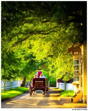 Carriage ride through golden sunlight in Colonial Williamsburg Virginia - Print by Mark Tisdale