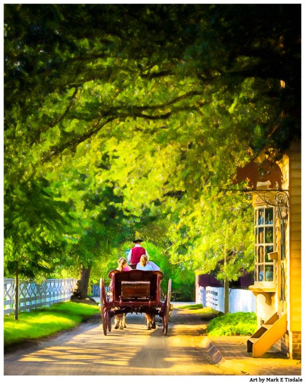 Carriage ride through golden sunlight in Colonial Williamsburg Virginia - Print by Mark Tisdale