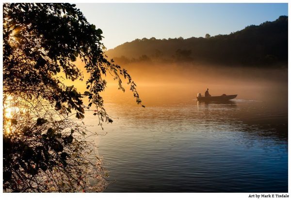 Fishing boat on the Chattahoochee River in golden morning light - Roswell Georgia Print by Mark Tisdale