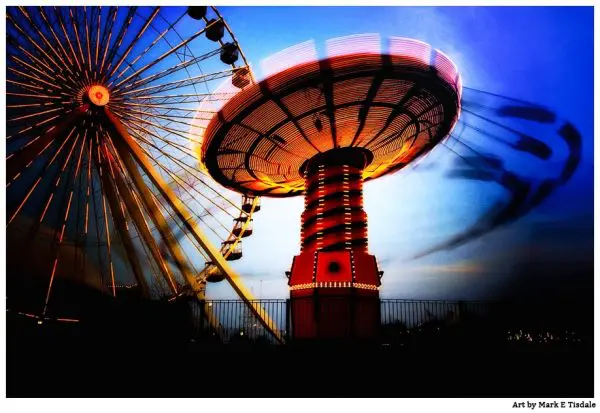 Cassic amusement park swings and ferris wheel - Chicago Navy Pier Print by Mark Tisdale