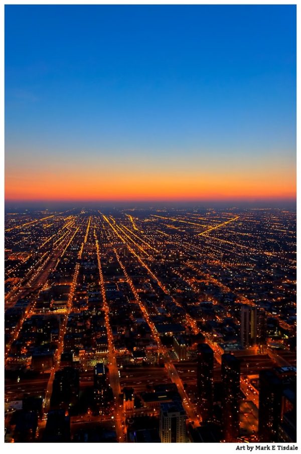 Dusk Over Chicago - Aerial View of the City Lights - Print by Mark Tisdale