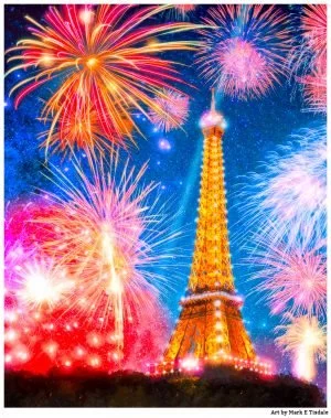 Eiffel Tower At Night With Fireworks - Print by Mark Tisdale
