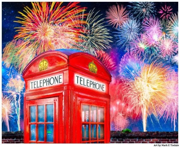 British Telephone Box With Fireworks Overhead Print by Mark Tisdale