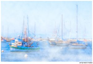 Harbor in Monterey Bay - Foggy Morning Print by Mark Tisdale