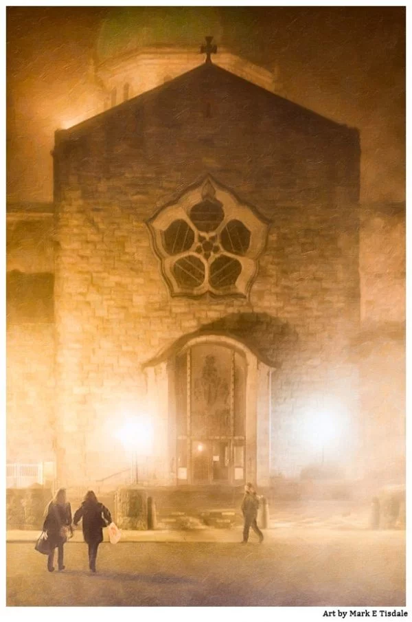 Galway Cathedral at night in a dense fog - Ireland Print by Mark Tisdale