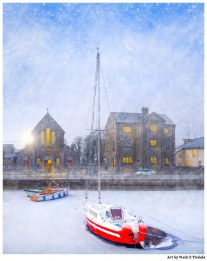 Snow Falling On Claddagh Quay - Galway Print by Mark Tisdale