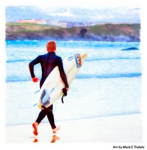 Surfer running on the beach at Newquay Cornwall - Print by Mark Tisdale