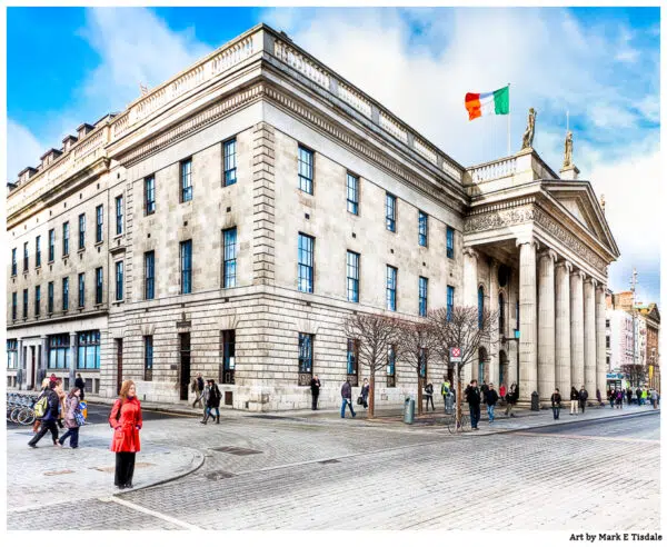 Lady in red standing on O'Connell Street outside the post office in Dublin Ireland - Print by Mark Tisdale