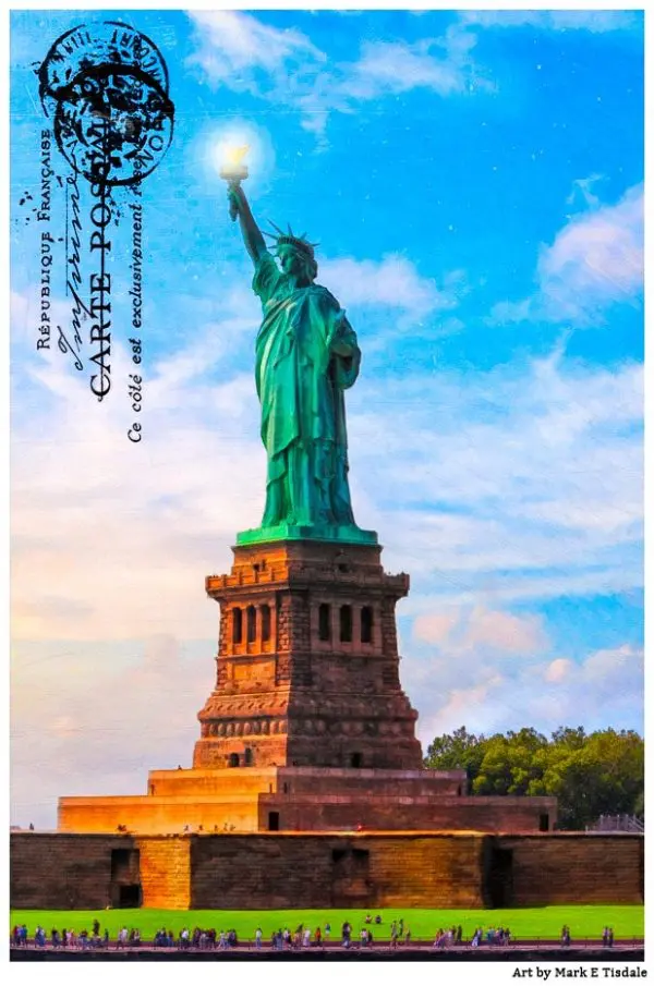 Lady Liberty In New York Harbor - Vintage Statue of Libery postcard style Print by Mark Tisdale