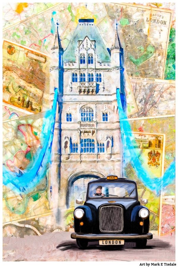 Classic Black Cab on Tower Bridge in London - Print by Mark Tisdale