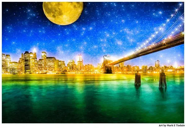 Manhattan Skyline with a starry Night motif - Print by Mark Tisdale