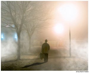 Old man walking on the Claddagh on a foggy night in Galway Ireland - Print by Mark Tisdale