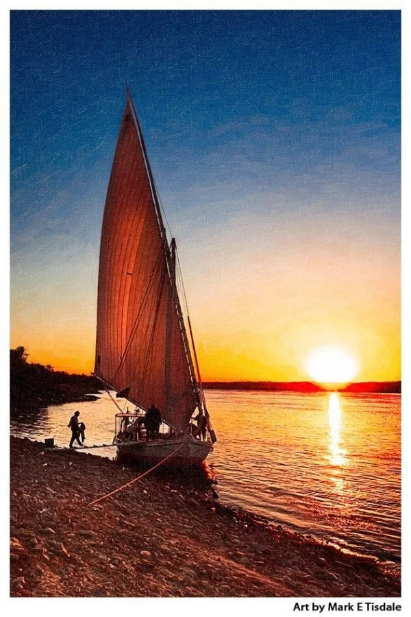Nile Sunset Print by Mark Tisdale - Egyptian Felucca on the Riverbanks