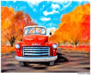 Old Red Truck Art Print with bold Autumn Colors by Mark Tisdale