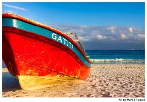 Red Boat Beached at Playa del Carmen - Mexican Art Print by Mark Tisdale